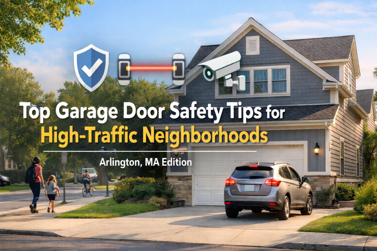 A home with top garage door, safely installed in a Modern, clean, professional, local suburban neighborhood vibe.